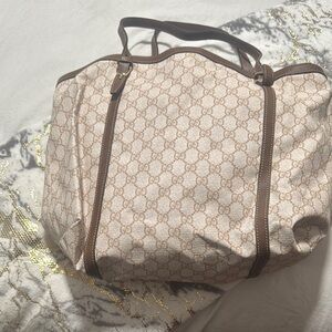 Gucci Cream and Brown Monogram Tote with Leather Handles